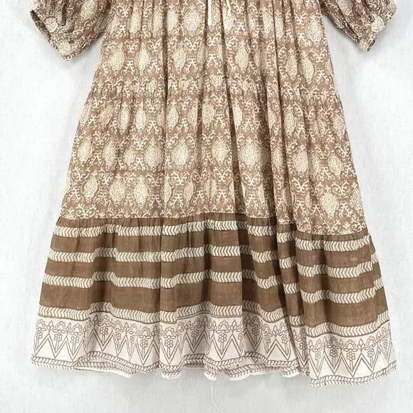 DAUGHTERS OF INDIA Jasmine Midi Dress Women Small White Brown Block Print Cotton - Picture 10 of 16
